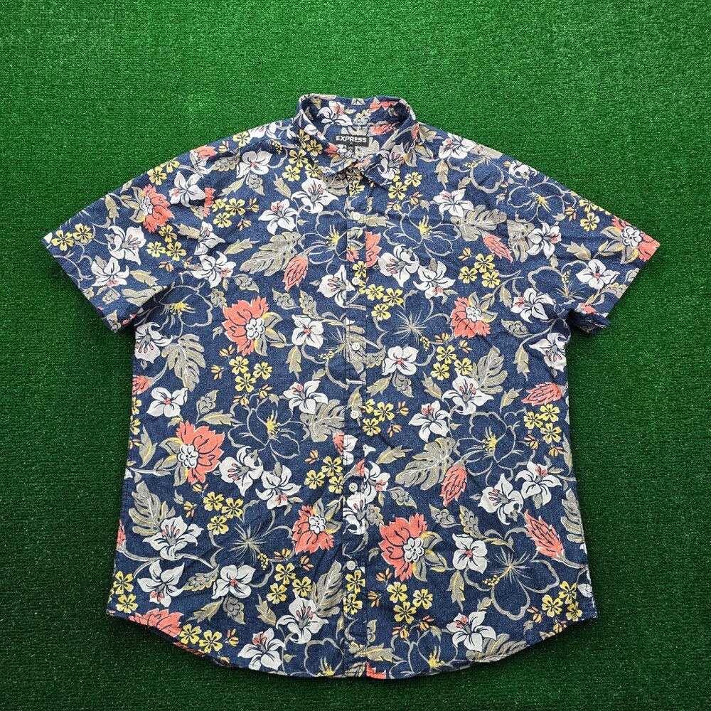 Express Shirt Mens XL 17-17.5 Blue Button Up Floral Hawaiian Summer Beach AOP‎